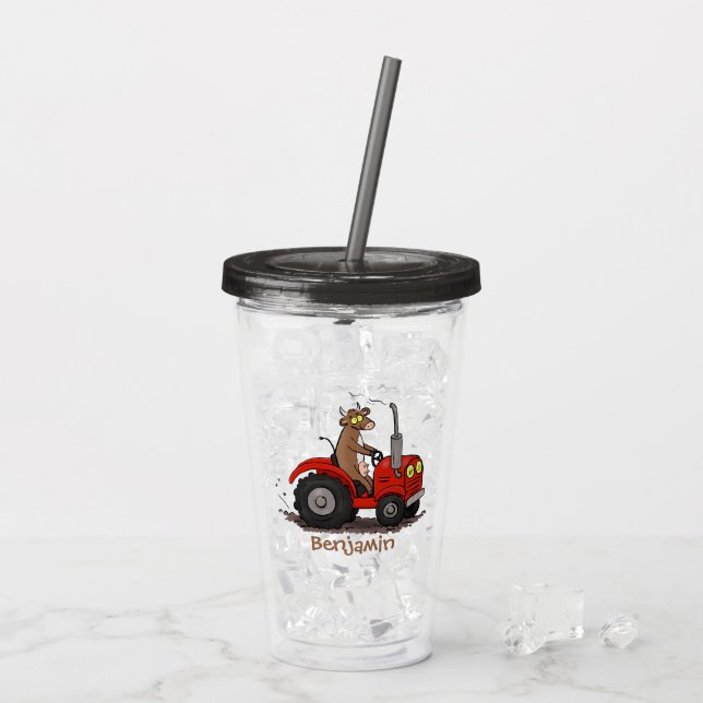 Cute happy cow driving a red tractor cartoon acrylic tumbler (Back Ice)