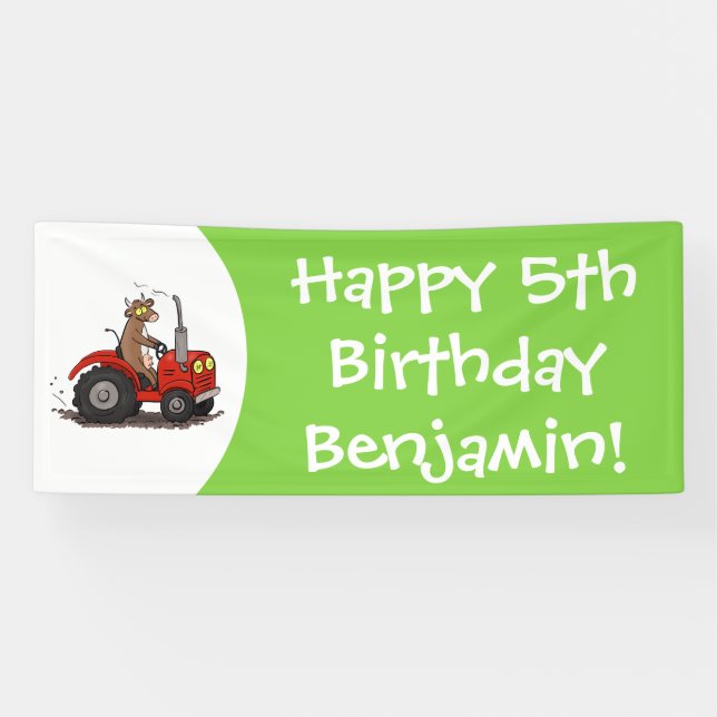 Cute happy cow driving a red tractor cartoon banner (Horizontal)