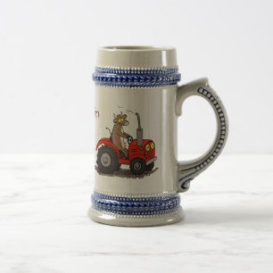 Cute happy cow driving a red tractor cartoon beer stein