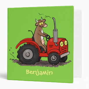 Cute happy cow driving a red tractor cartoon binder