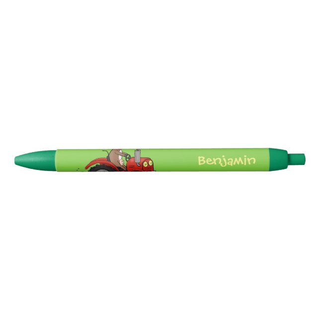 Cute happy cow driving a red tractor cartoon black ink pen (Front)