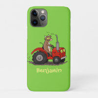 Cute happy cow driving a red tractor cartoon