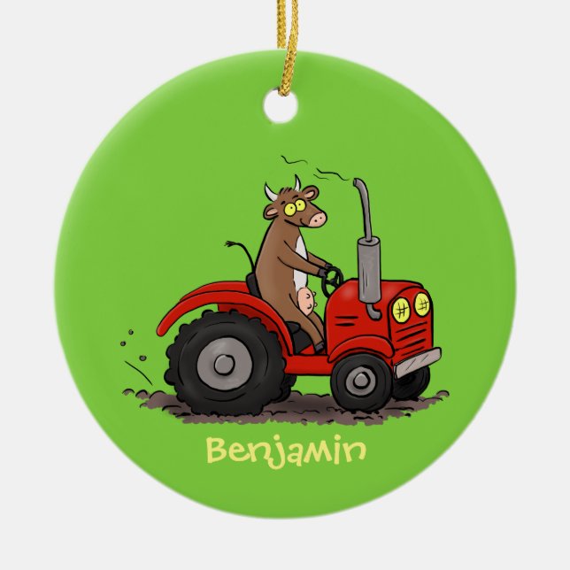 Cute happy cow driving a red tractor cartoon ceramic ornament (Front)