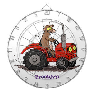 Cute happy cow driving a red tractor cartoon dartboard