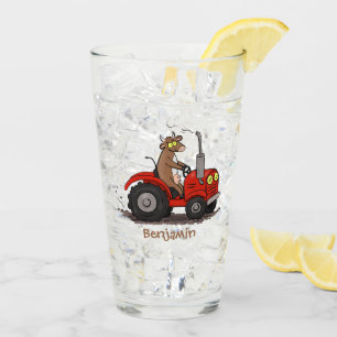 Cute happy cow driving a red tractor cartoon glass