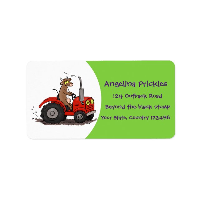 Cute happy cow driving a red tractor cartoon label (Front)