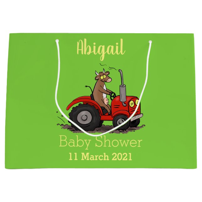 Cute happy cow driving a red tractor cartoon large gift bag (Front)