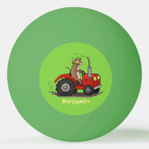 Cute happy cow driving a red tractor cartoon ping pong ball