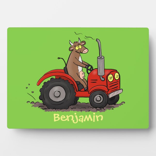 Cute happy cow driving a red tractor cartoon plaque (Front)