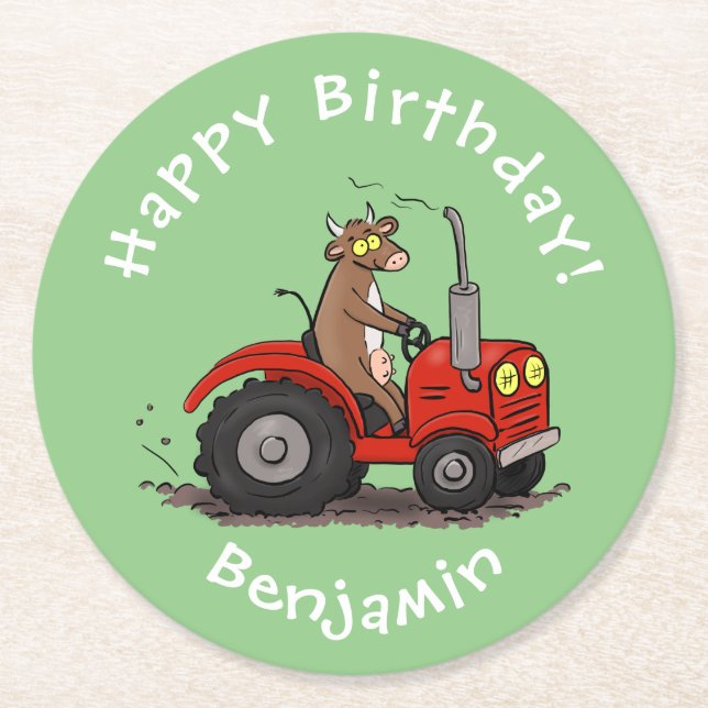Cute happy cow driving a red tractor cartoon round paper coaster (Front)