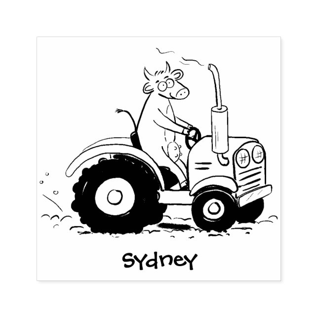 Cute happy cow driving a red tractor cartoon rubber stamp (Imprint)