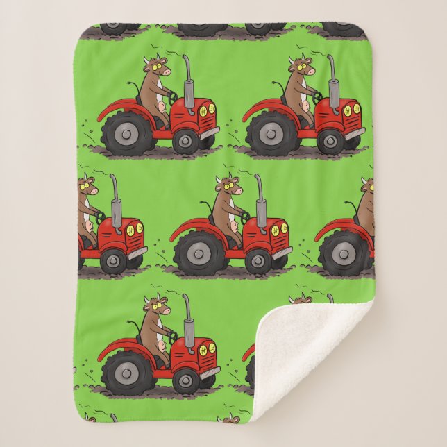 Cute happy cow driving a red tractor cartoon  sherpa blanket (Front)