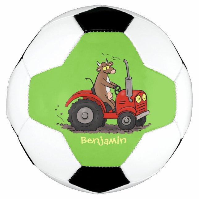 Cute happy cow driving a red tractor cartoon soccer ball (Front)