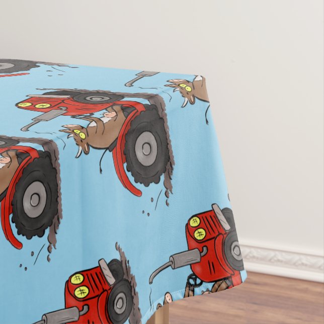 Cute happy cow driving a red tractor cartoon tablecloth (In Situ)