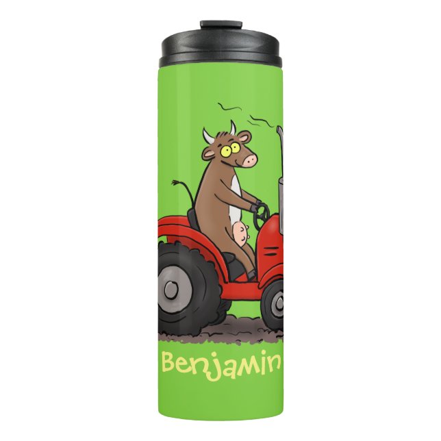 Cute happy cow driving a red tractor cartoon thermal tumbler (Front)