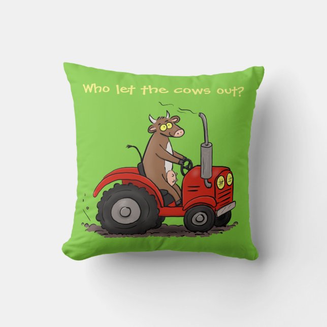 Cute happy cow driving a red tractor cartoon throw pillow (Front)