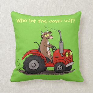 Cute happy cow driving a red tractor cartoon throw pillow