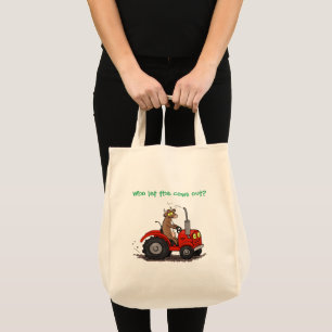 Cute happy cow driving a red tractor cartoon tote bag