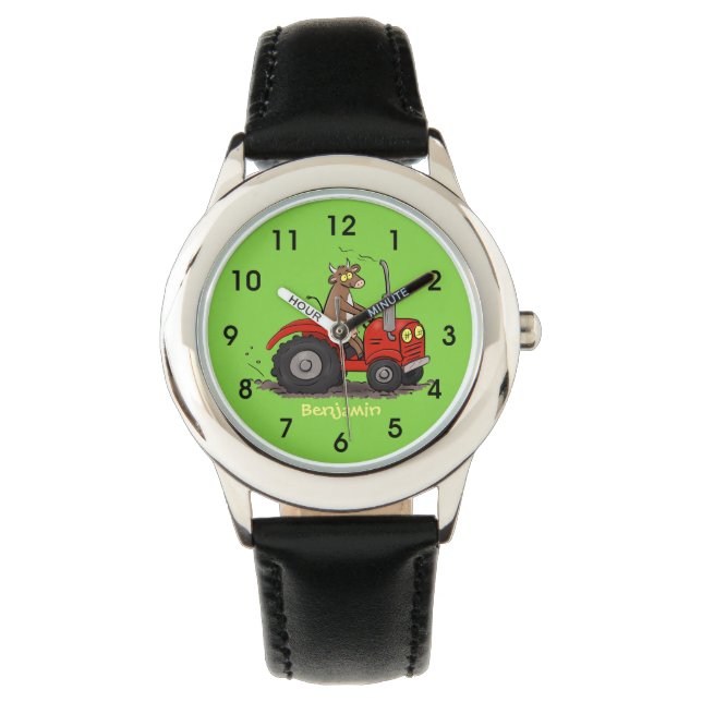 Cute happy cow driving a red tractor cartoon watch (Front)