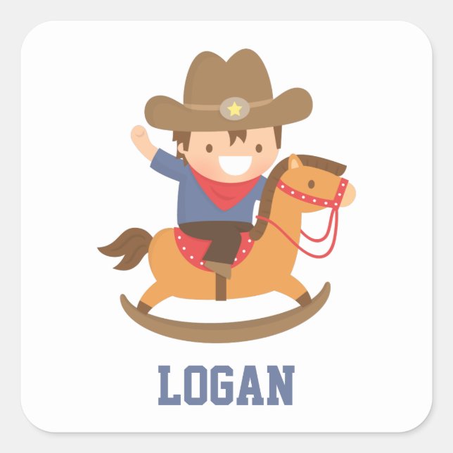 Cute Happy Cowboy on Rocking Horse Personalized Square Sticker (Front)