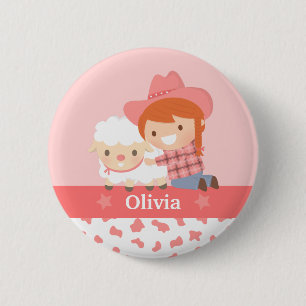 Cute Happy Cowgirl with Lamb For Girls 2 Inch Round Button