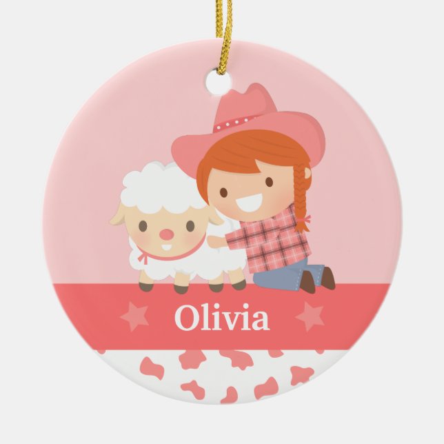 Cute Happy Cowgirl with Lamb Girls Personalized Ceramic Ornament (Front)