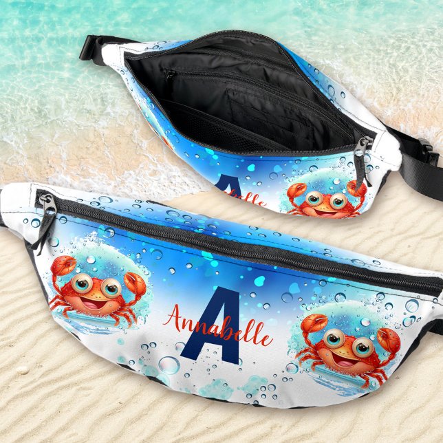 Cute Happy Crab Blue White Summer Vacation Name Fanny Pack (Cute Happy Crab Blue White Summer Vacation Name Fanny Pack)