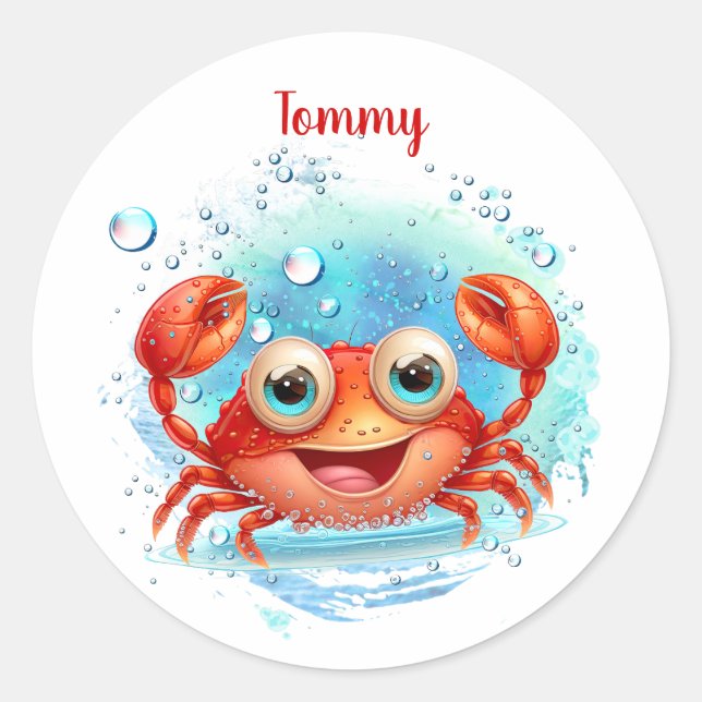 Cute Happy Crab custom name stickers (Front)