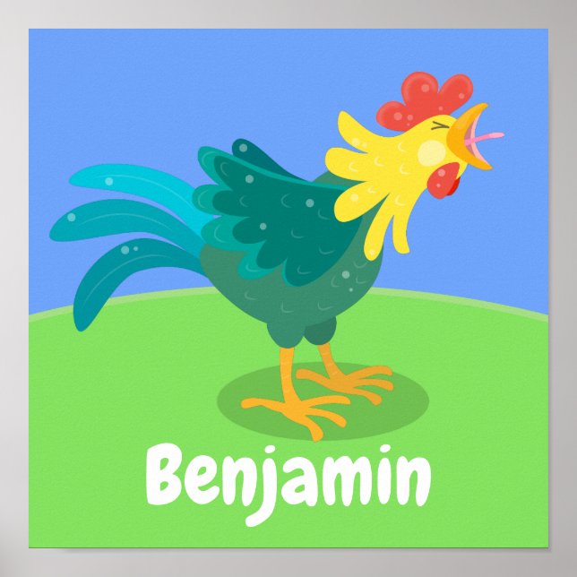 Cute happy crowing rooster cartoon illustration poster (Front)