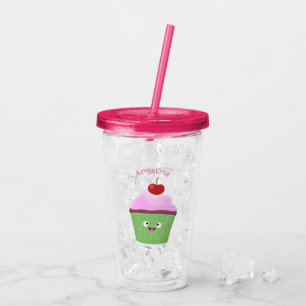 Cute happy cupcake cartoon illustration acrylic tumbler