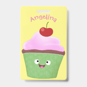 Cute happy cupcake cartoon illustration badge