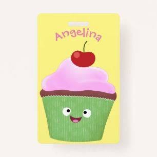 Cute happy cupcake cartoon illustration badge