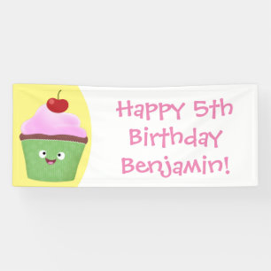 Cute happy cupcake cartoon illustration banner