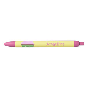 Cute happy cupcake cartoon illustration black ink pen