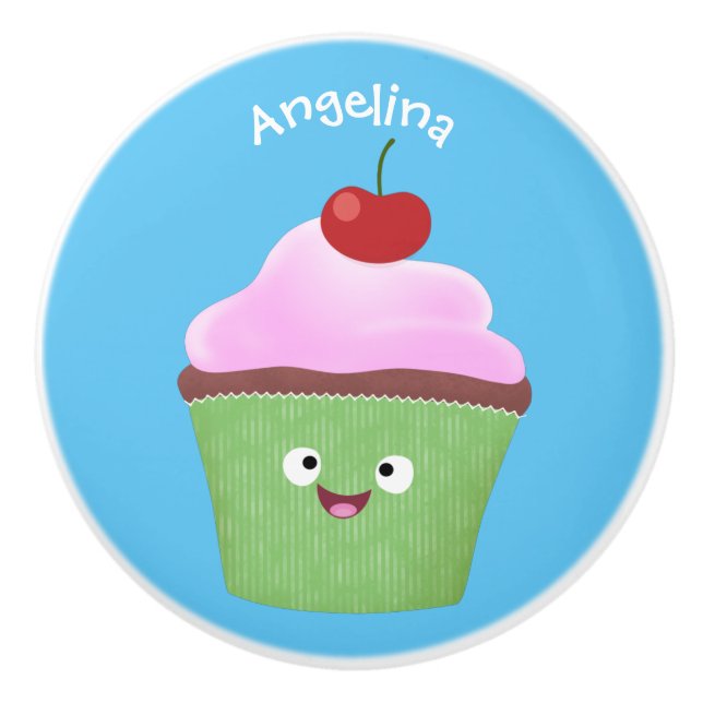 Cute happy cupcake cartoon illustration ceramic knob (Front)