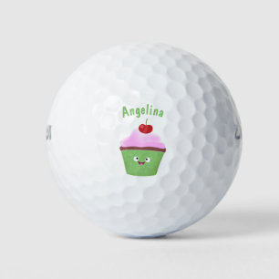 Cute happy cupcake cartoon illustration golf balls