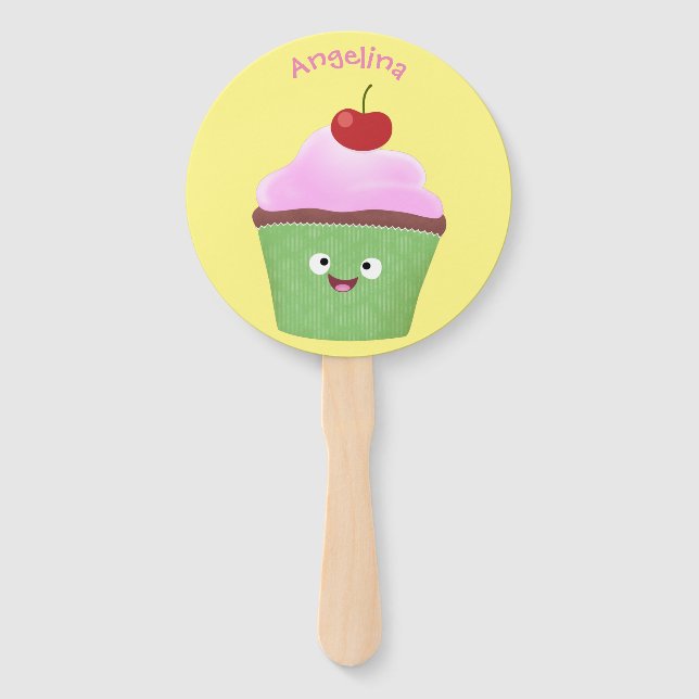 Cute happy cupcake cartoon illustration hand fan (Front)