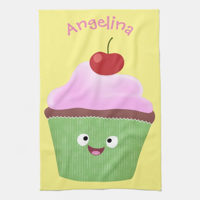 Cute happy cupcake cartoon illustration kitchen towel (Vertical)