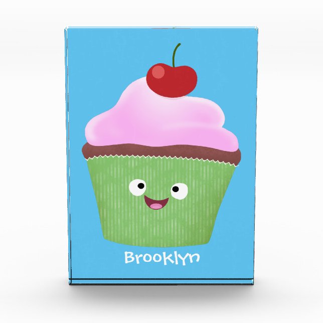 Cute happy cupcake cartoon illustration photo block (Front)