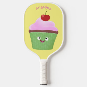 Cute happy cupcake cartoon illustration  pickleball paddle