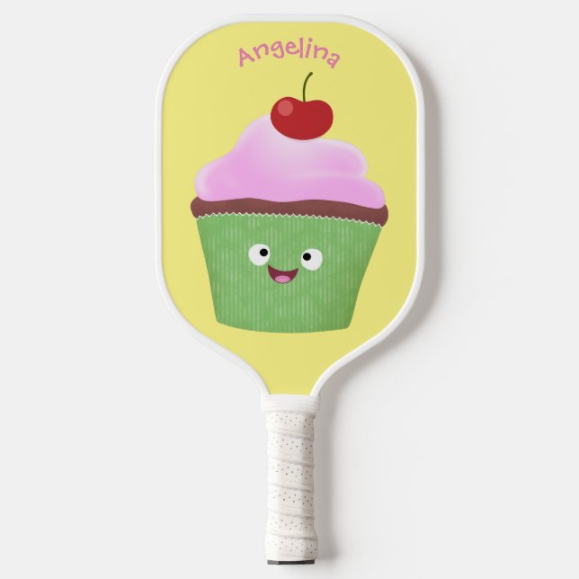 Cute happy cupcake cartoon illustration  pickleball paddle (Front)