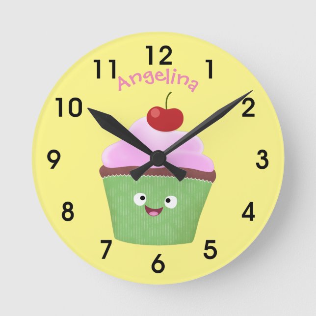Cute happy cupcake cartoon illustration round clock (Front)
