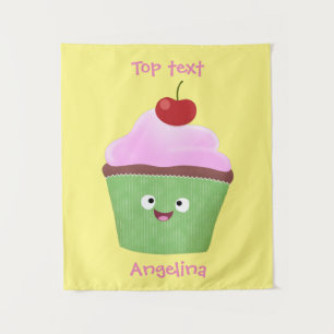 Cute happy cupcake cartoon illustration  tapestry