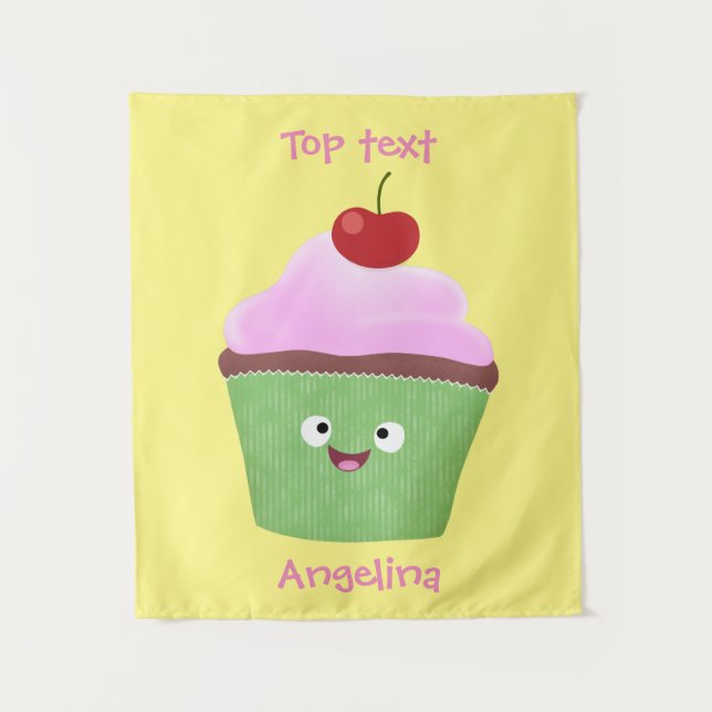 Cute happy cupcake cartoon illustration  tapestry (Front)