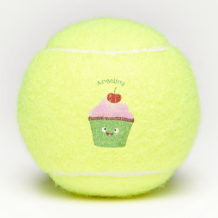 Cute happy cupcake cartoon illustration  tennis balls