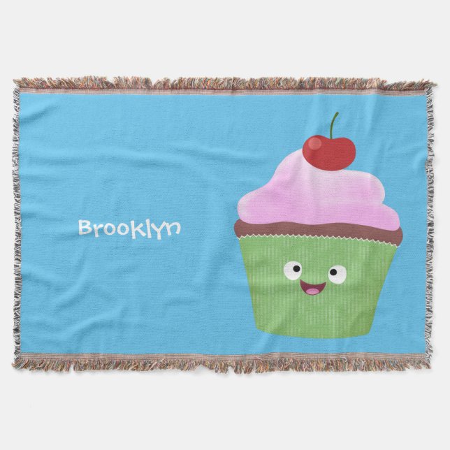 Cute happy cupcake cartoon illustration throw blanket (Front)