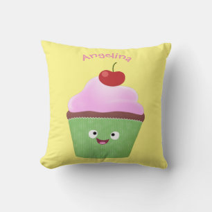 Cute happy cupcake cartoon illustration throw pillow