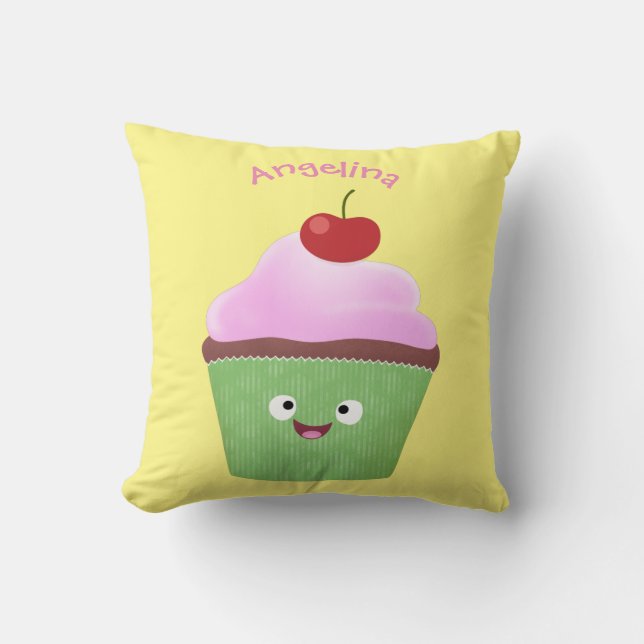 Cute happy cupcake cartoon illustration throw pillow (Front)