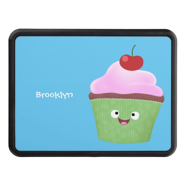 Cute happy cupcake cartoon illustration trailer hitch cover (Front)