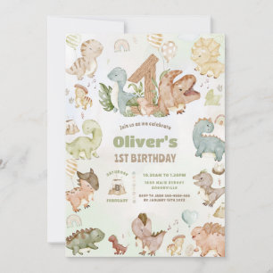 Cute Happy Dinosaurs 1st First Birthday Invitation